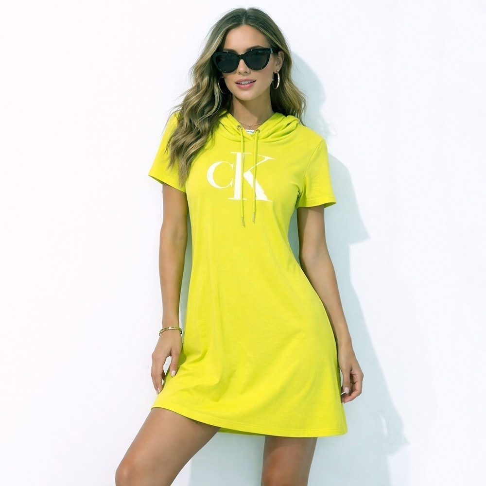 Calvin‎ Klein Hooded T-Shirt Dress 2X Vibrant Green Logo Drawstring Short Sleeve